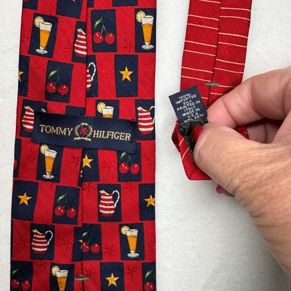 Tommy Hilfiger Silk Tie Red Blue Americana Picnic Beverage Cherry Stars USA Made - Picture 2 of 4